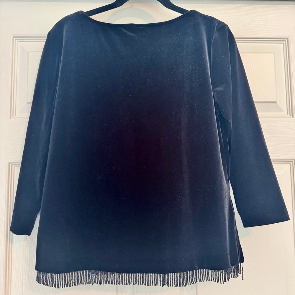 Vintage Clio Black Velvet Beaded Fringe Blouse Top M Square Neck - Picture 2 of 10